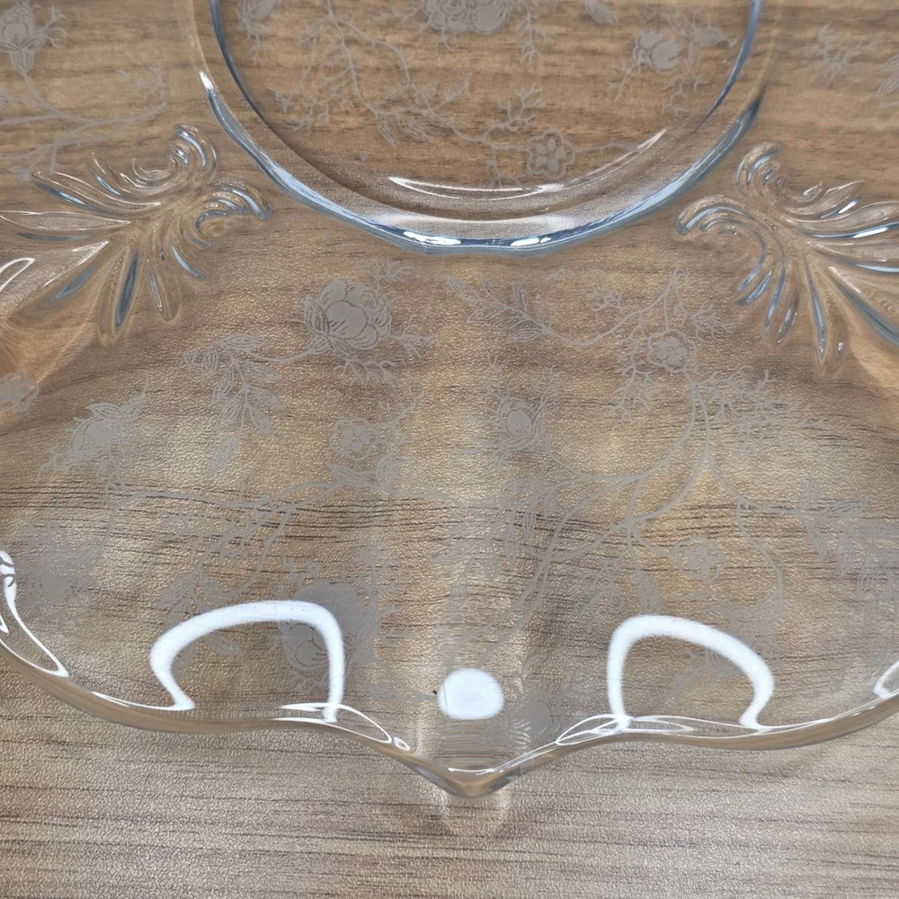 Vintage Fostoria Glass Clear Chintz Etched Baroque Handled‎ Cake Plate - 12.5